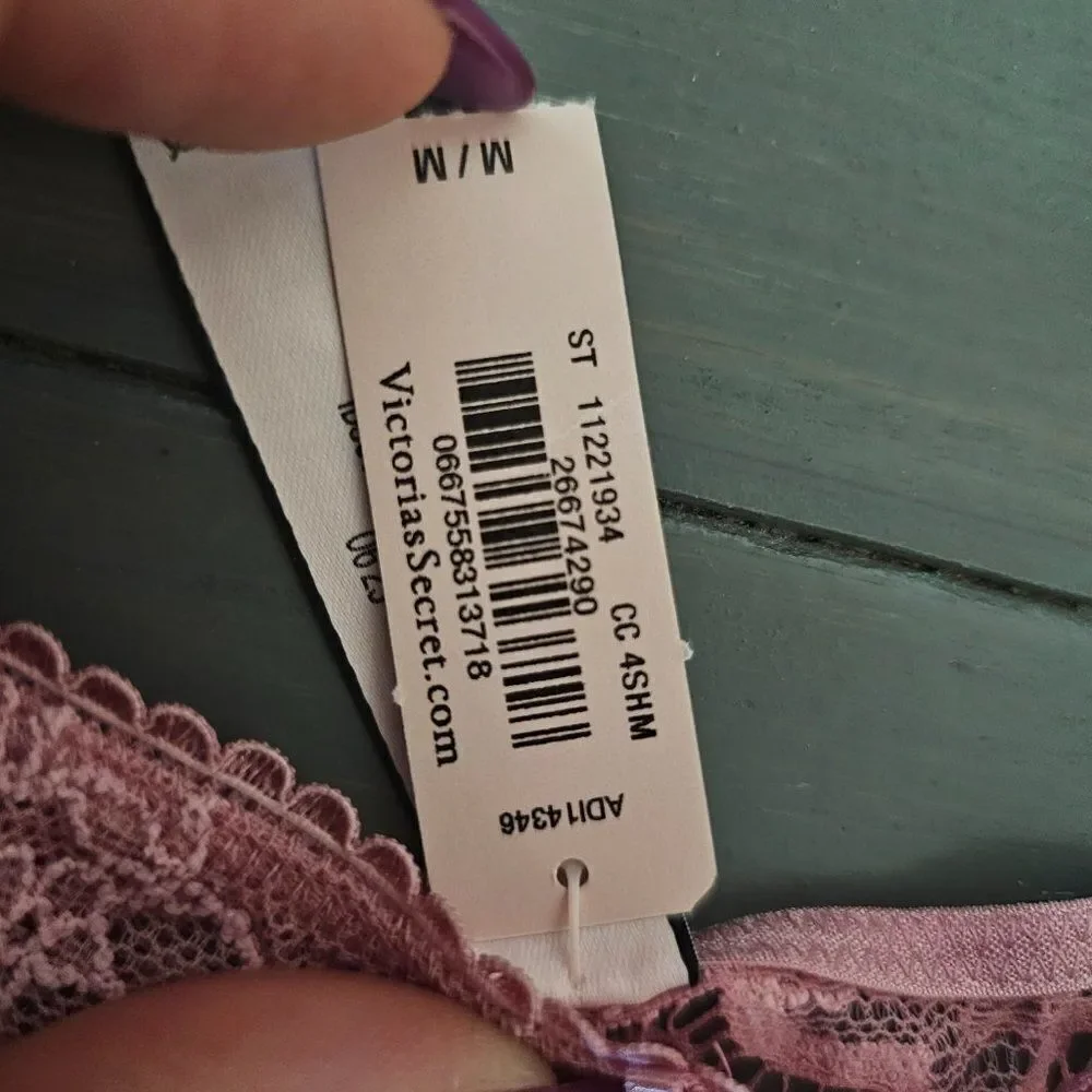 NWT Victoria’s Secret Ribbon Slot Lace Thong Panty Pink Dusk Mauve Size Medium